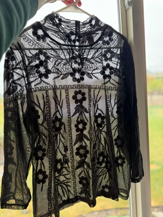 Sundance | Sheer Floral Top Womens mesh stretch boho Like New LARGE blouse - Picture 1 of 10